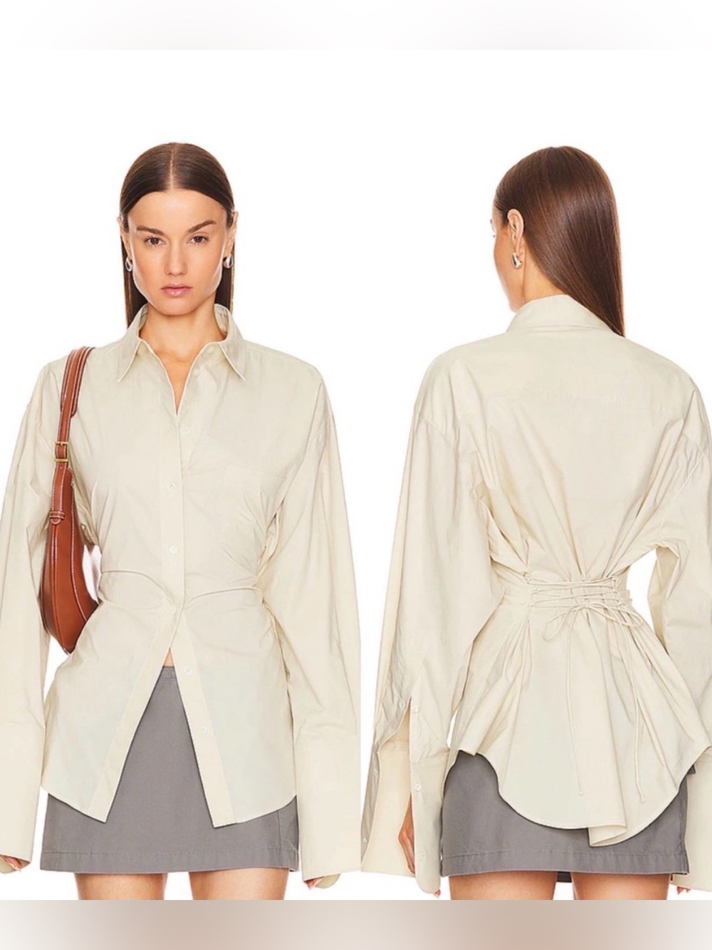 Helsa Poplin Lace Back Button Down Oversized Shirt in Hay